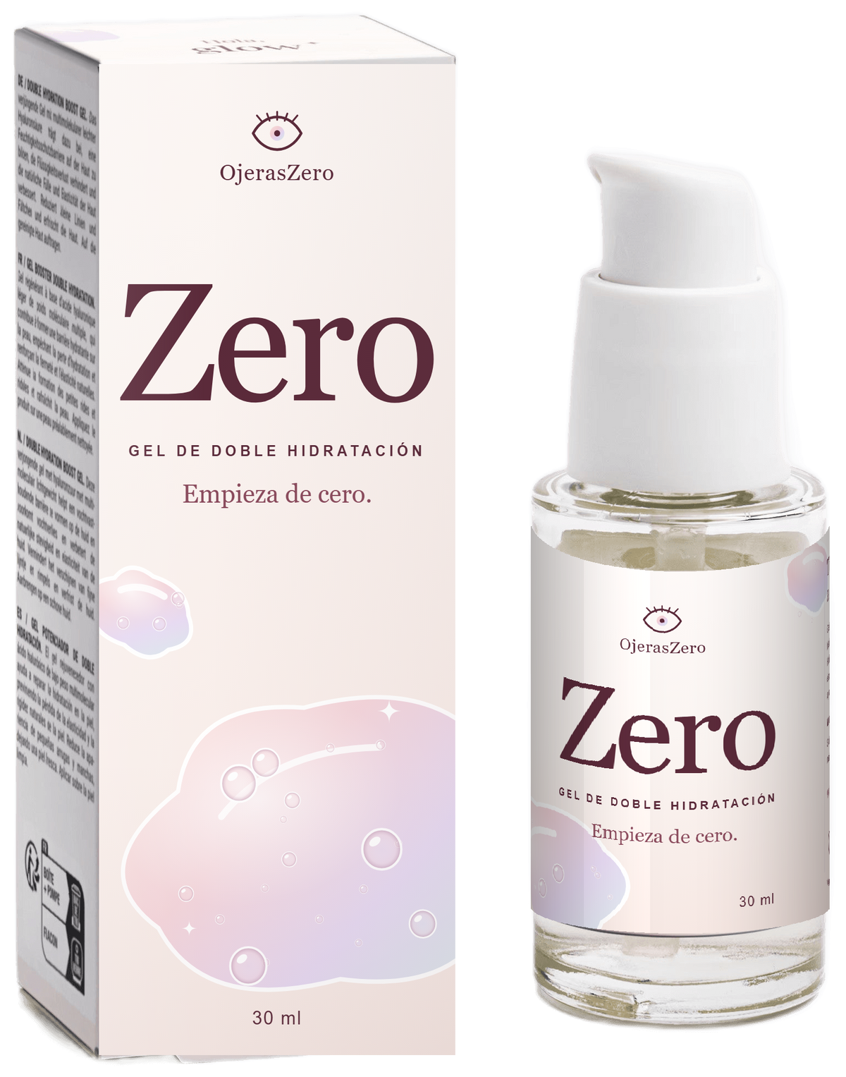 Zero de OjerasZero: caja y frasco de gel de doble hidratación 30 ml